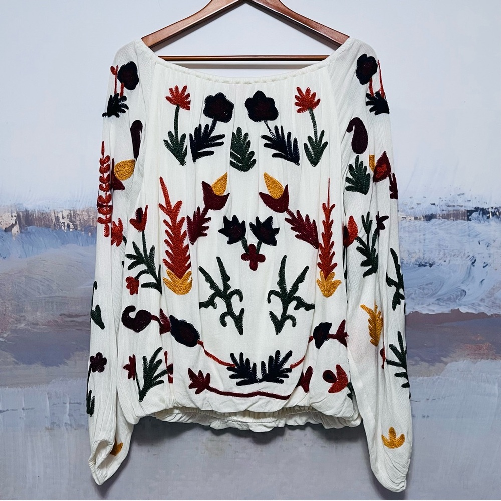 LAURIE FELT Embroidered Boho Blouse Size L Ivory Artsy Floral Balloon Sleeve Top - Picture 2 of 16